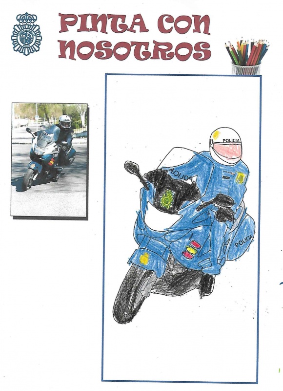 Dibujo coloreado de un Policía Nacional montando su motocicleta