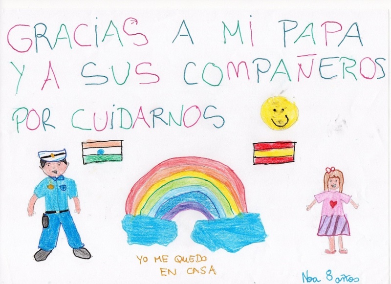 Dibujo con la frase gracias a mi papa y a sus compañeros por cuidarnos, acompañado de un policía y una niña