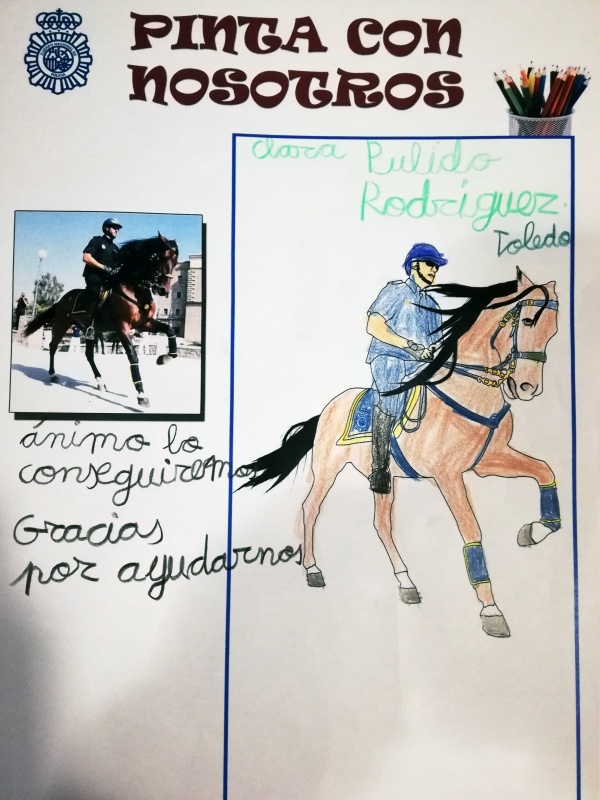 Dibujo de un Policía Nacional perteneciente a la Unidad Especial de Caballería montado su caballo