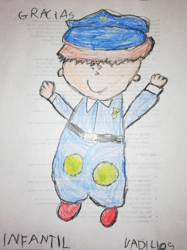 Dibujo en el que se representa un niño  sonriente vestido con el uniforme de policía