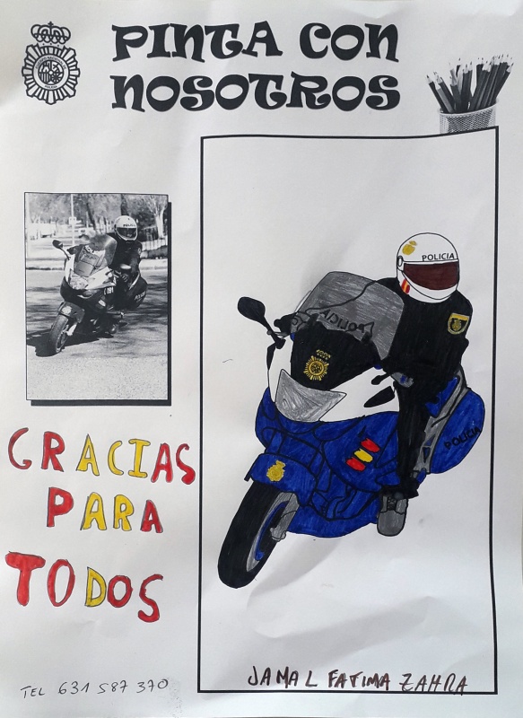 Dibujo coloreado de un Policía Nacional montado en su motocicletas y el mensaje gracias para todos