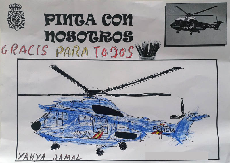Dibujo coloreado de un helicóptero de la Policía Nacional, encabezado con la frase gracias para todos