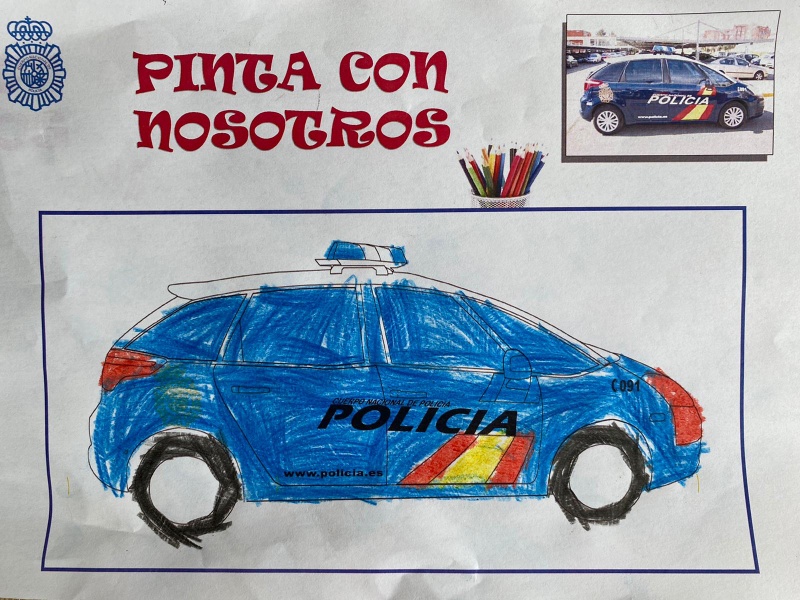 Dibujo coloreado de un coche radio patrulla de  la Policía Nacional