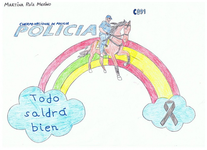 dibujo de un arcoíris con los colores de la bandera de España con la imagen de un Policía Nacional montado en un caballo