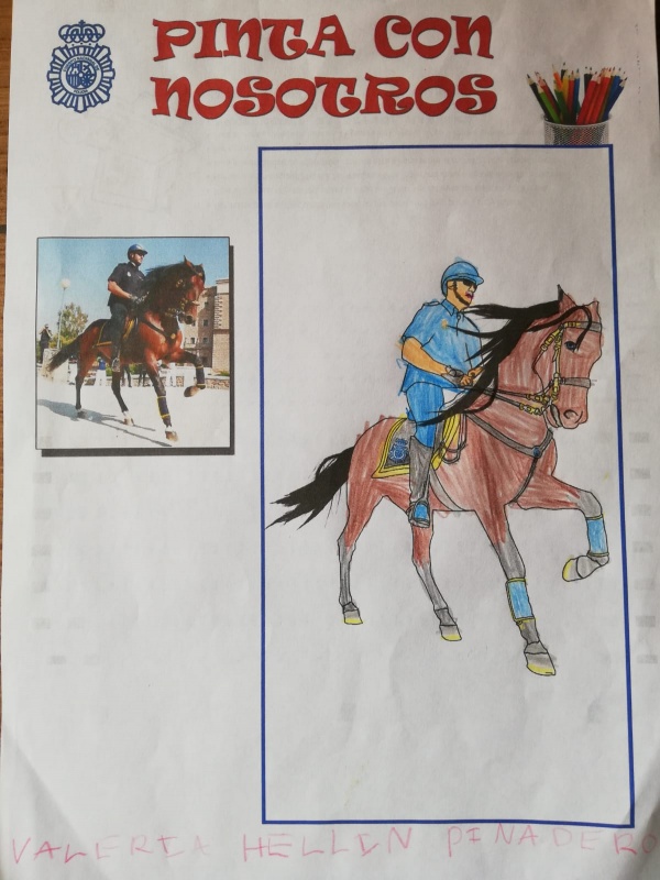 Dibujo coloreado de un Policía Nacional montado en su caballo.