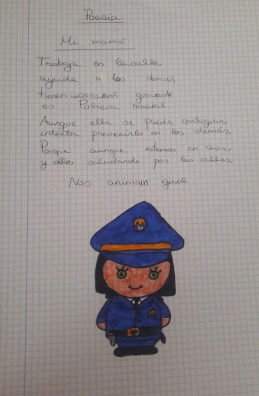 Dibujo de una hija que le dedica a su madre la cual trabaja en la Policía Nacional acompañada de una poesía. 