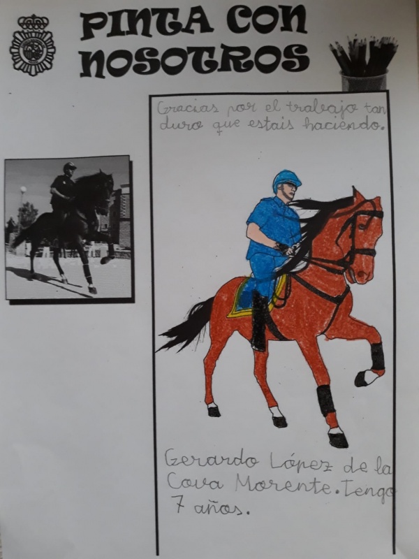 Dibujo coloreado de un Policía Nacional montado en su caballo