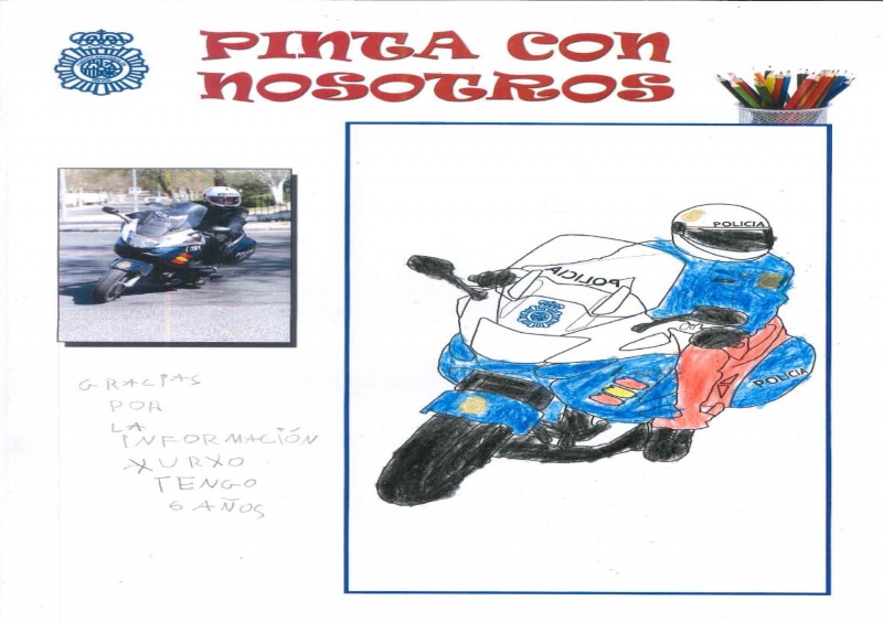 Dibujo de un Policía Nacional montado en su motocicleta y la frase escrita Gracias por la información