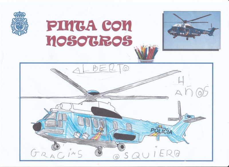 Dibujo coloreado de un helicóptero de la Policía Nacional con la frase escrita Gracias os quiero