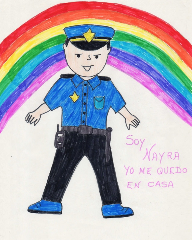 Dibujo de un dibujo de un policía con un arcoíris de fondo. 