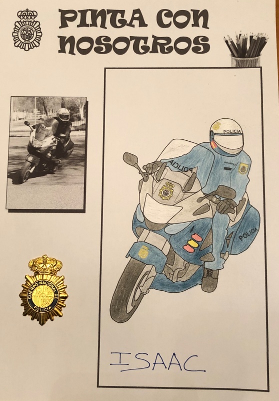 Dibujo coloreado de un Policía Nacional montado en su motocicleta