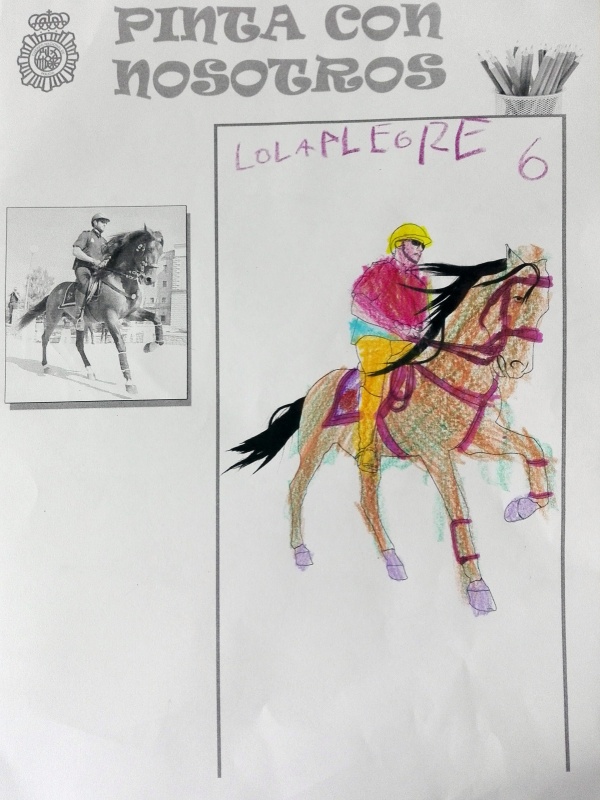Dibujo coloreado de un Policía Nacional montado en su caballo