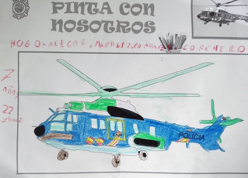 Dibujo coloreado de un helicóptero de la Policía Nacional