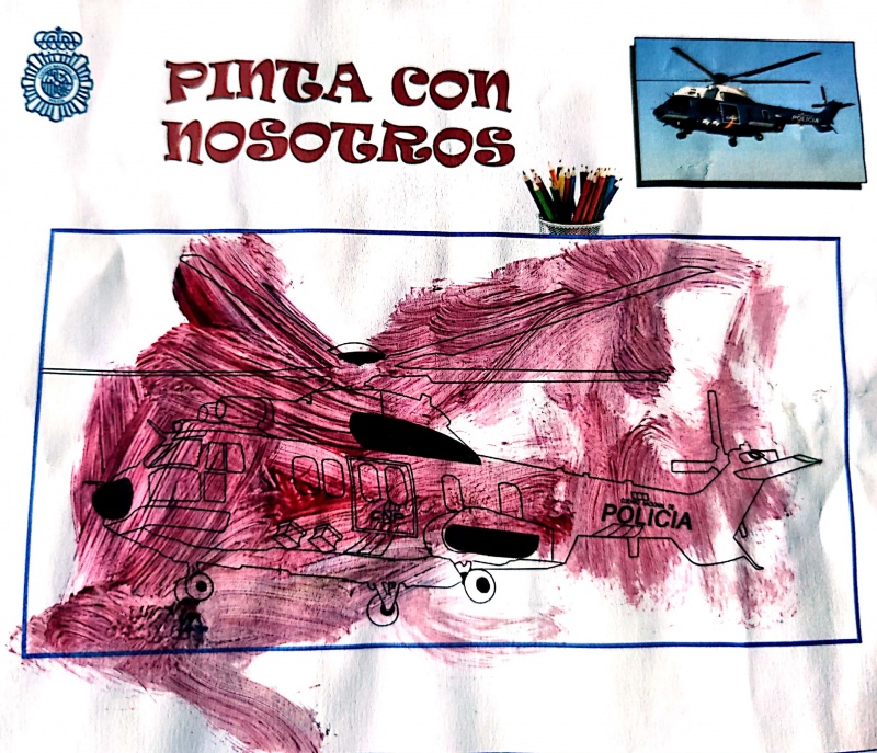 Dibujo coloreado de un helicóptero de la Policía Nacional
